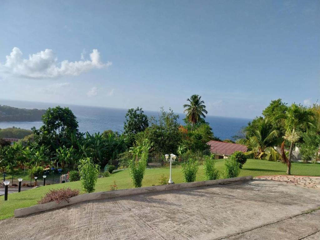 Blick auf einen Park mit dem Meer im Hintergrund in der Unterkunft VILLA MARIE in Marigot