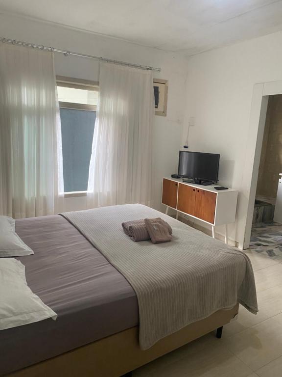 um quarto com uma cama grande e uma televisão em Pousada Vivera em Jaraguá do Sul