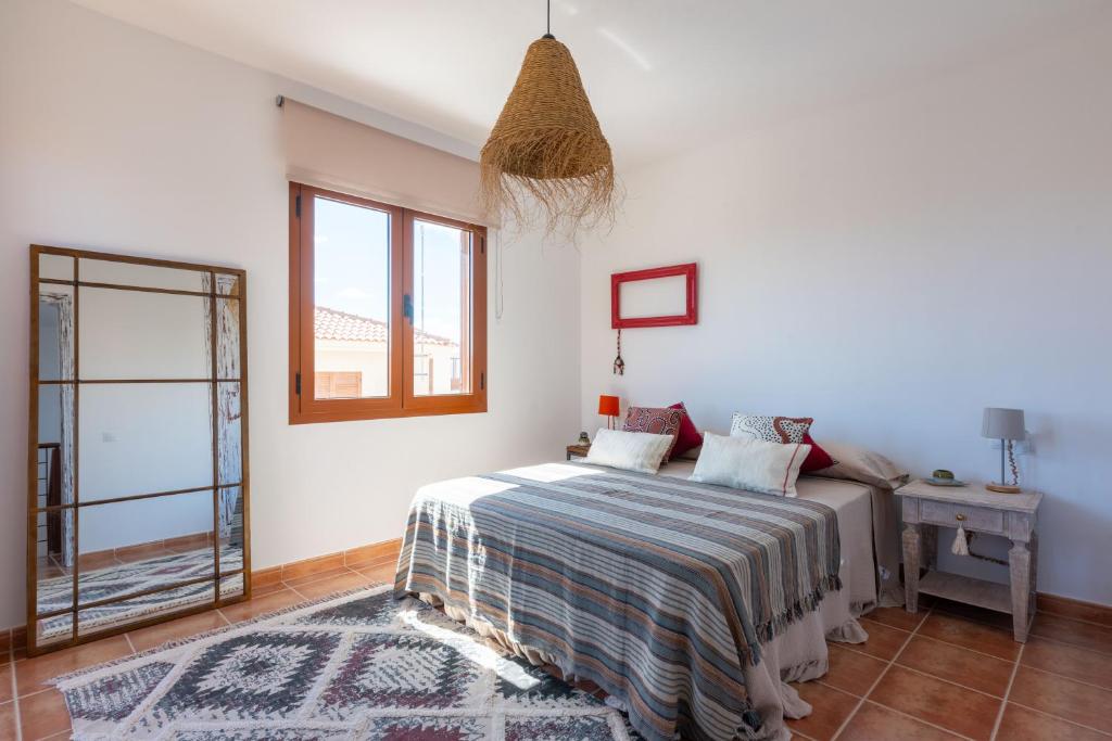 un dormitorio con una cama y una ventana en Alcaudón HolidayFV, en Corralejo