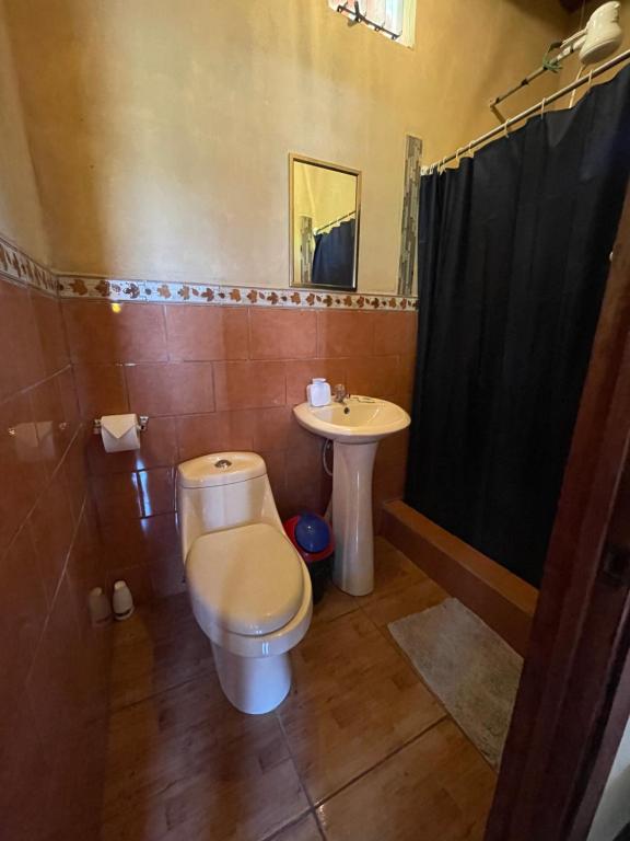 a bathroom with a toilet and a sink at Dreams Lodge Orosi in Cartago