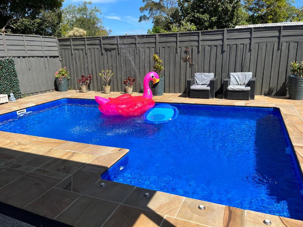 a swimming pool with a pink swan in the water at Spacious 3Bd n Pool family holiday home TF2223 in Frankston