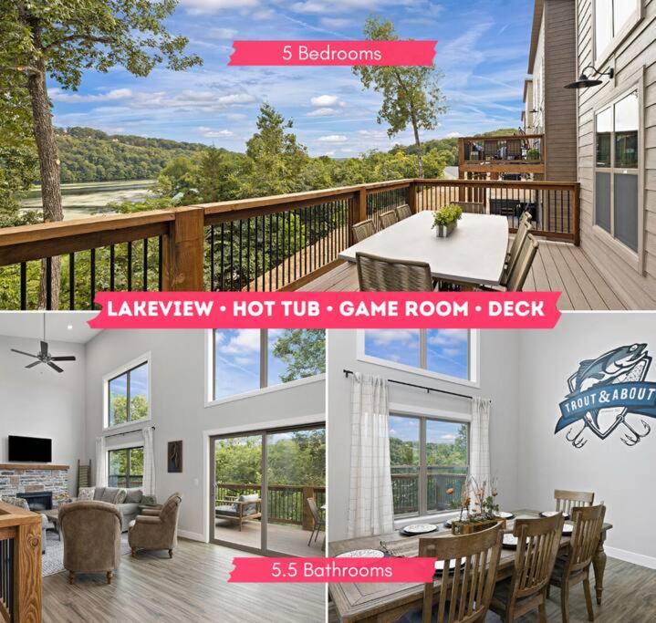 a collage of photos of a house with a deck at Gorgeous Lake Cabin Hot Tub in Branson