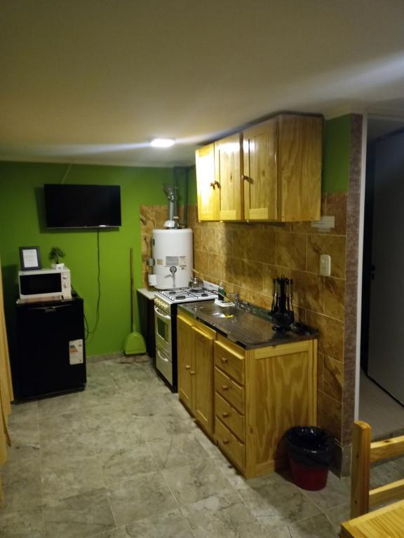 una cocina con paredes verdes y armarios de madera en Hospedaje "San Andres" en Gobernador Gregores