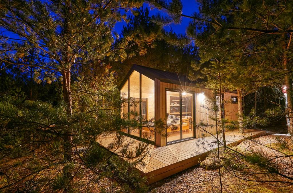 une maison en verre dans les bois la nuit dans l'établissement Forestic Lietuva, 
