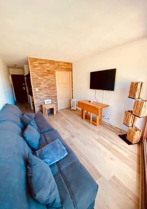 a living room with a blue couch and a television at Studio lumineux avec casier à ski in Villard-de-Lans