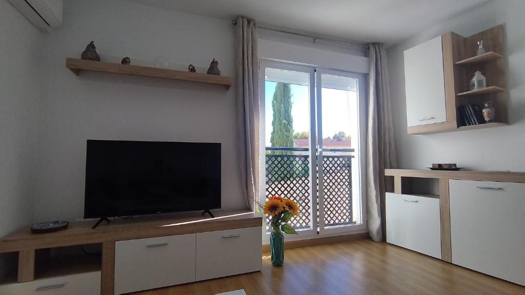 uma sala de estar com televisão e um vaso com flores em Apartamento Fuente del Genil. em Fuente Vaqueros