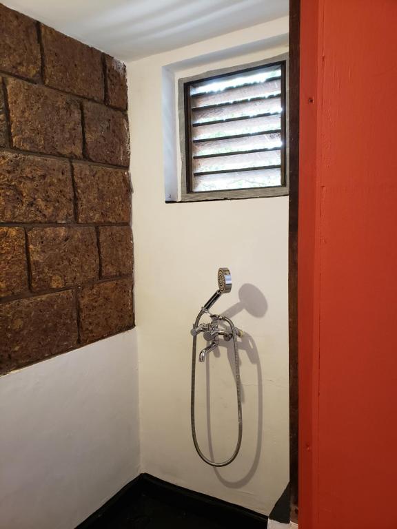 a shower in a bathroom with a brick wall at Laxmi Happy Home in Querim Goa in Querim