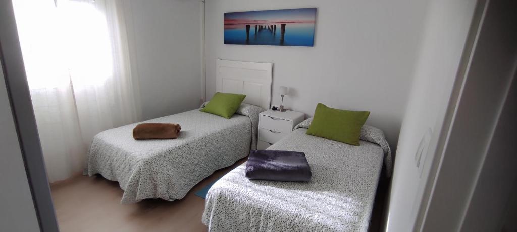 Duas camas com almofadas verdes num pequeno quarto em Habitación doble Cejilla H1 em Jerez de la Frontera
