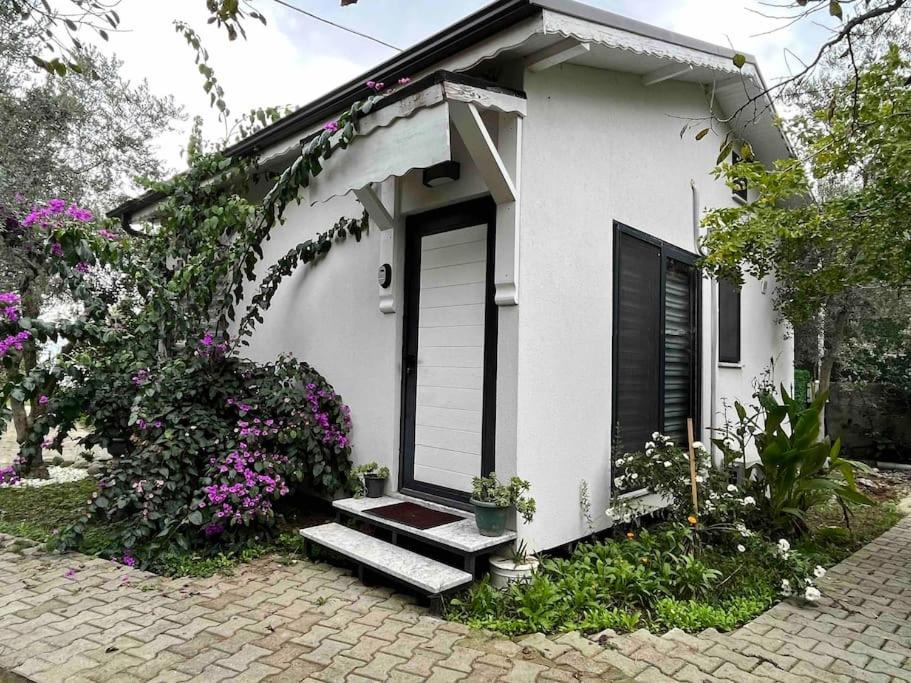 una piccola casa bianca con una panchina davanti di Beyaz Zambak'ta doğayı yaşayın a İznik