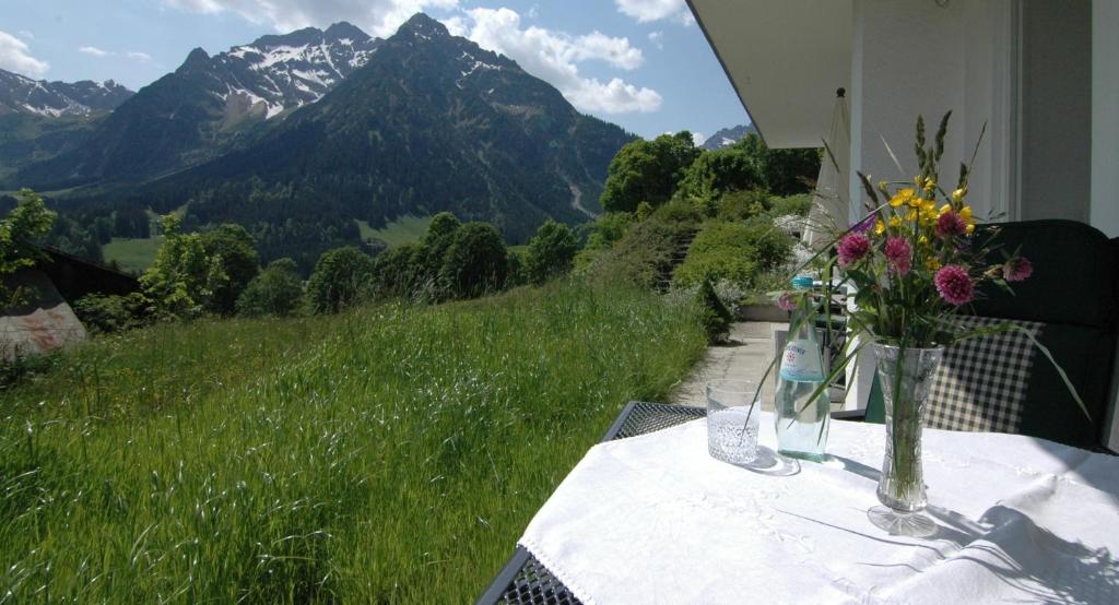 a table with flowers on it with a view of mountains at Mittelberg Ferienwohnung in Mittelberg