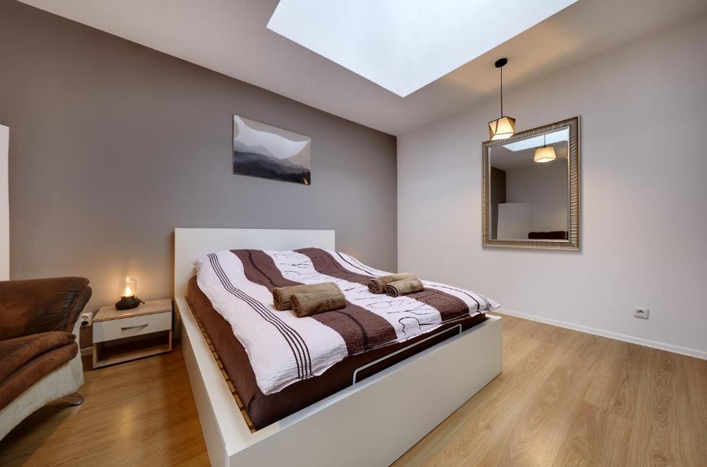 a bedroom with a bed and a mirror on the wall at Crystal Apartment Katowice VI in Katowice