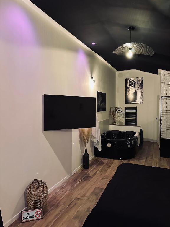 un salon avec une télévision à écran plat au mur dans l'établissement Apt 35 m2 Baignoire Balnéo terrasse privée, à Amfreville-la-Mi-Voie