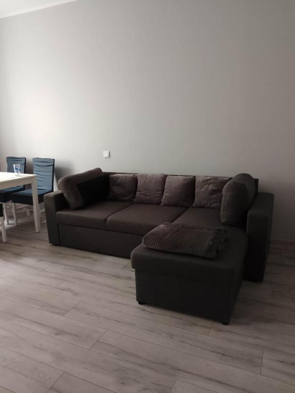 sala de estar con sofá marrón y mesa en U Pauli Góry Sowie, en Głuszyca