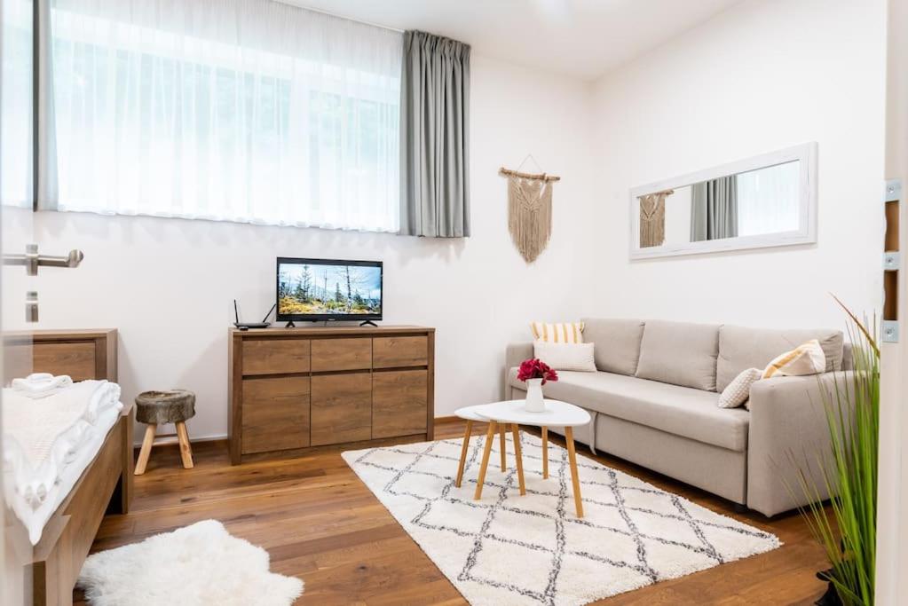 a living room with a couch and a tv at Horský apartmán v resortu se službami a wellness in Vrchlabí