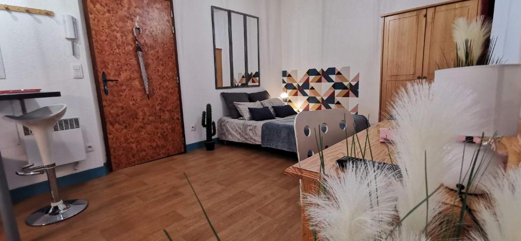 ein Wohnzimmer mit einem Bett und einem Spiegel in der Unterkunft Le Lucerne, entre thermes et centre ville-lamaisondefrancois03 in Vichy