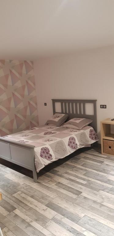 um quarto com uma cama grande e piso em madeira em Chez Grégory et Nadine em Houssen