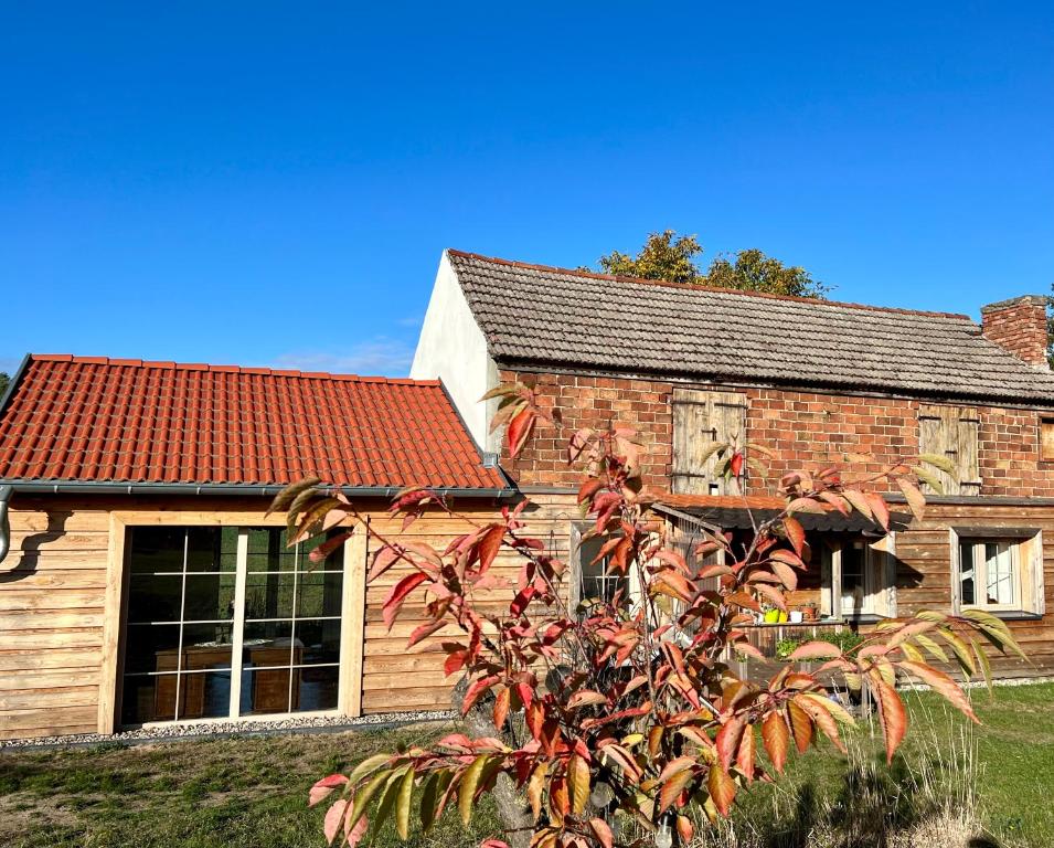 a brick house with a tree in front of it at Ferienhaus Melzower Waldhaus Montagewohnung in Melzow
