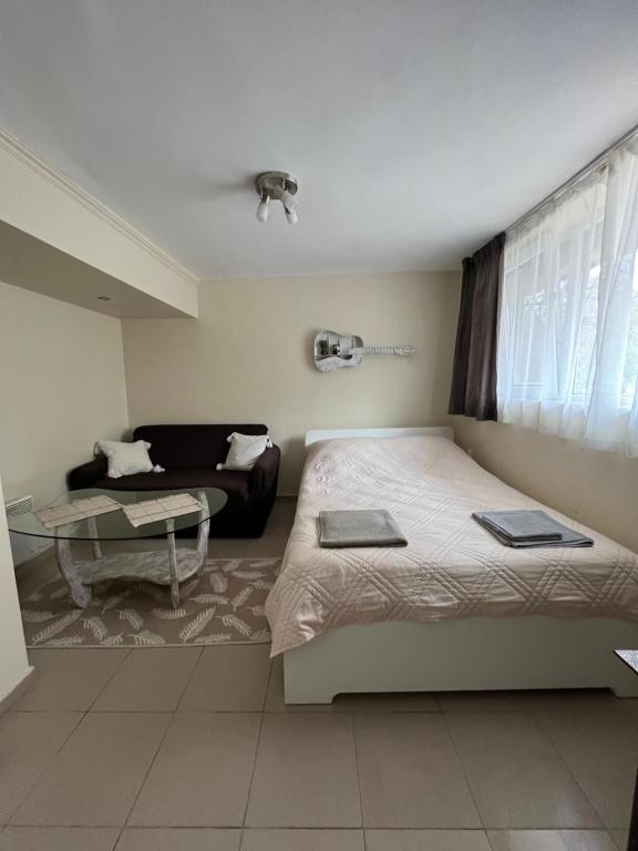 a hotel room with a bed and a couch at Studio 5 in Varna City