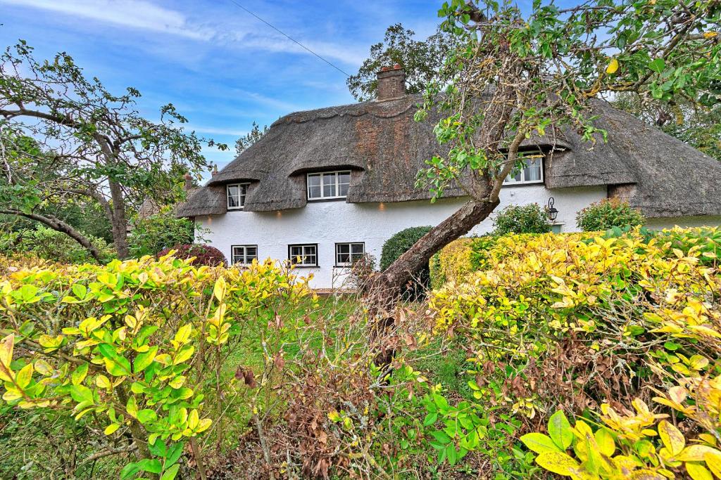 an old white house with a thatched roof at Finest Retreats - Roxton Roost in Potton
