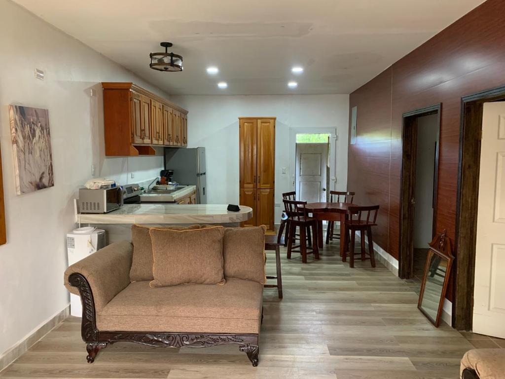a living room with a couch and a kitchen at Complejo Deportivo Wilson Palacios in La Ceiba