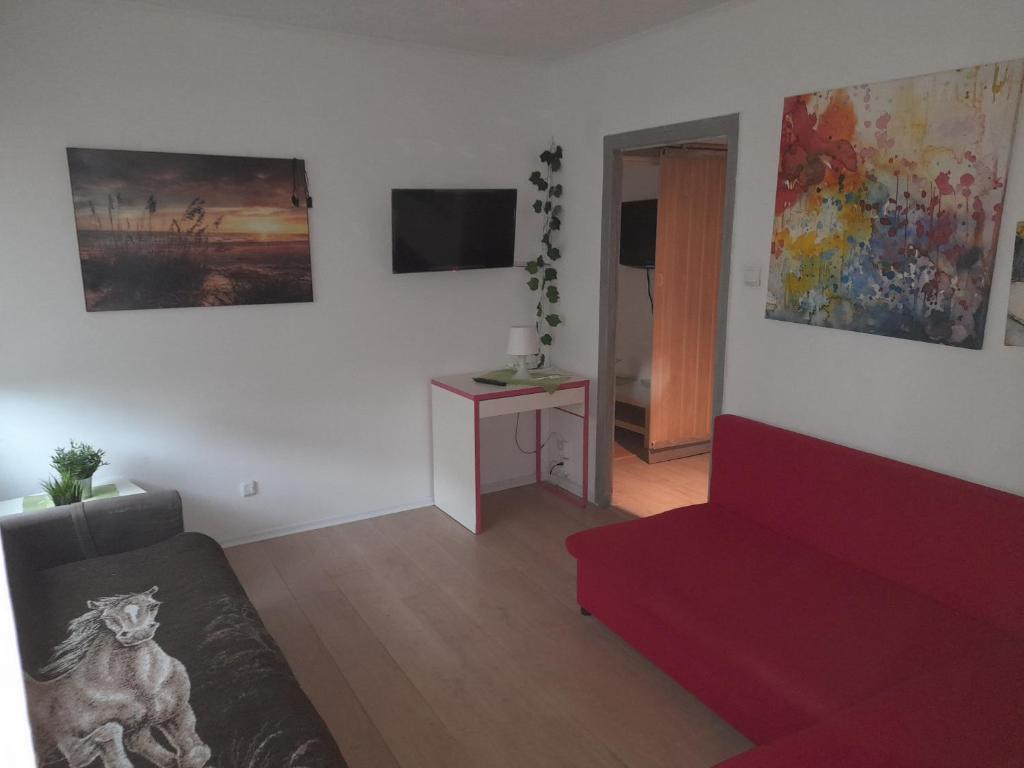 ein Wohnzimmer mit einem roten Sofa und einem TV in der Unterkunft APARTAMENT LOTNIKÓW 7 in Płock