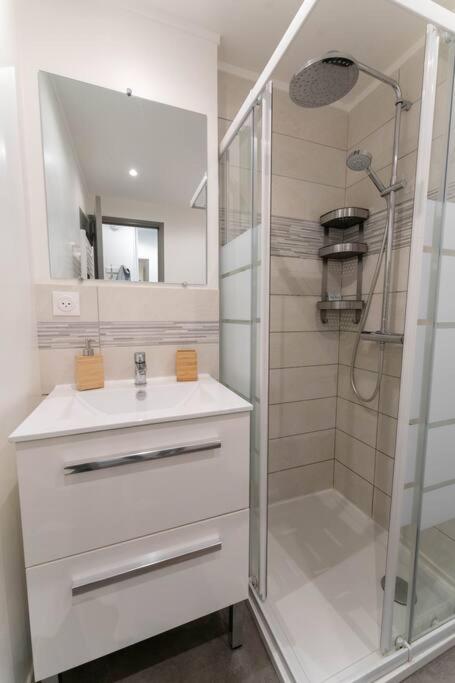 une salle de bain avec un lavabo blanc et une douche dans l'établissement Nice Plein Centre STUDIO 1 avec BALCON, à Nice