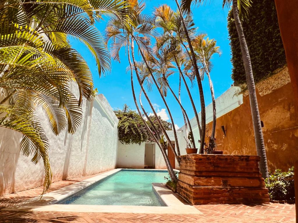 a swimming pool with palm trees next to a building at Ermitage in Santo Domingo