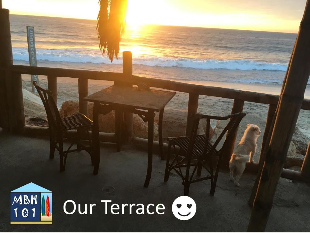 Ein Hund steht auf einem Balkon mit Meerblick in der Unterkunft Mancora Beach House in Máncora