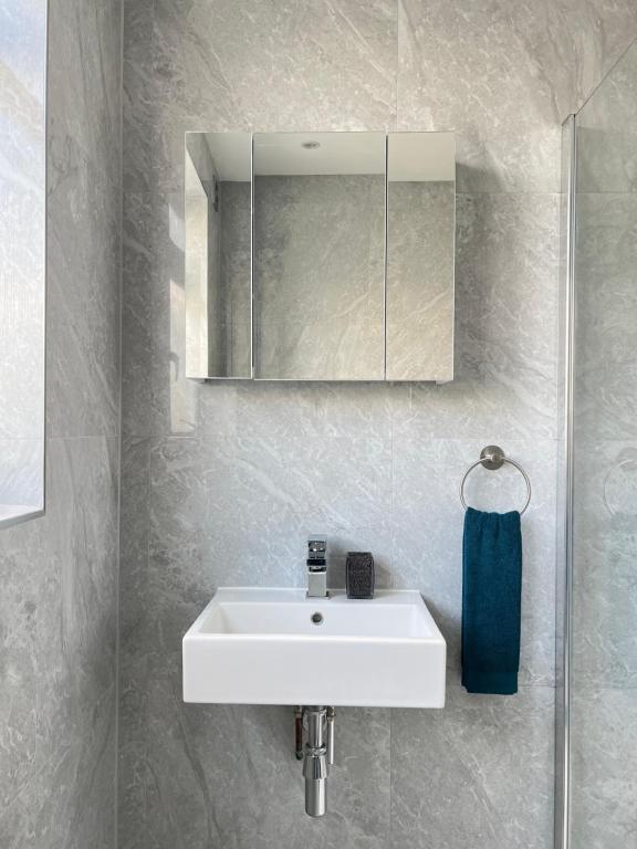 een badkamer met een witte wastafel en een spiegel bij Private Luxury One Bedroom Apartment with parking in Palmers Green