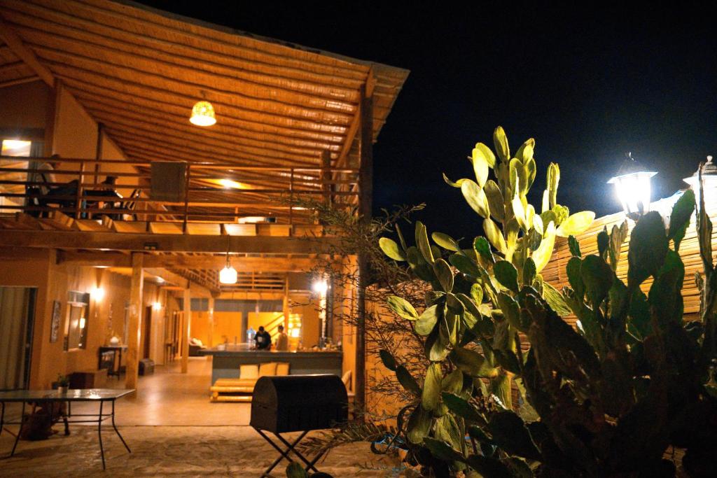 una casa con patio por la noche con un cactus en Mahalo Lobitos, en Lobitos