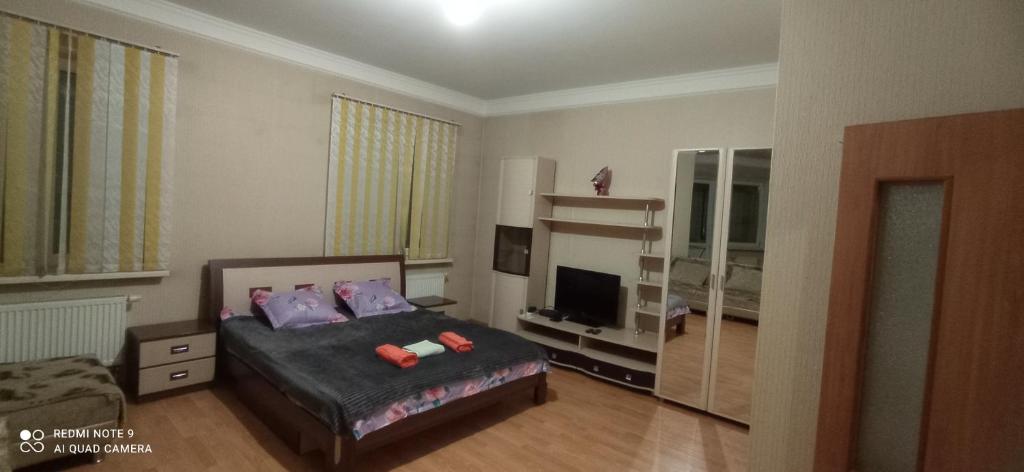 sypialnia z łóżkiem z fioletowymi poduszkami i telewizorem w obiekcie Валиханова Абая w mieście Astana