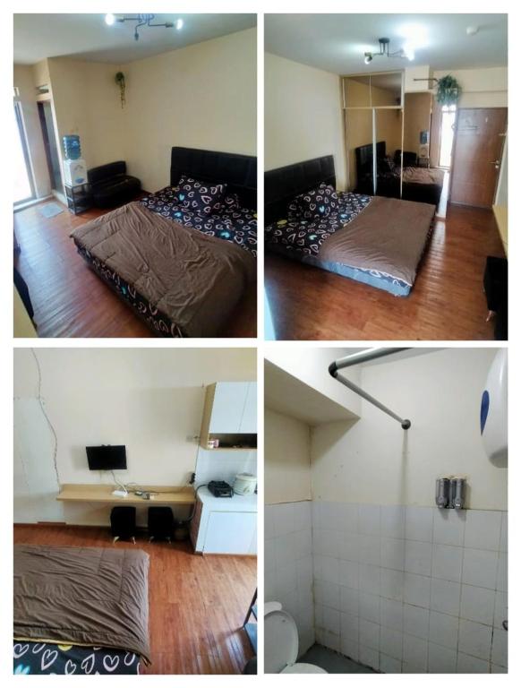 3 fotos de una habitación con 2 camas y un baño en BARBIE HOMESTAY en Bandung