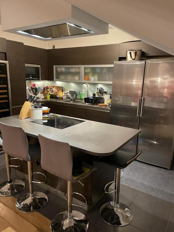 a kitchen with a counter and a stainless steel refrigerator at Appartement terrasse 8&#47;10 personnes paris centre in Paris