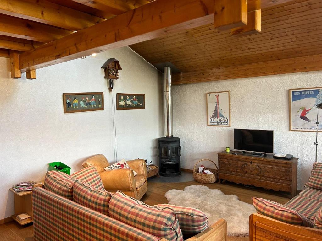 Les Trembles MOUNTAIN & QUIET chalet 12 pers في فييسوناز: غرفة معيشة مع كنب وموقد خشبي