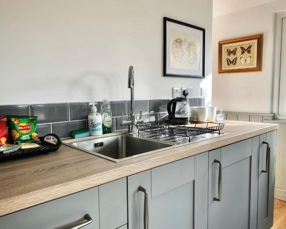 a kitchen with a sink and a counter top at Holiday Lodges with hot tub & Cosy Cabins - Greenway Farm, Drybrook, Forest of Dean in Drybrook