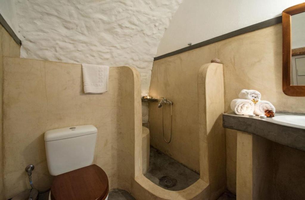 a bathroom with a shower and a toilet and a sink at Abramis Rooms in Mitáta
