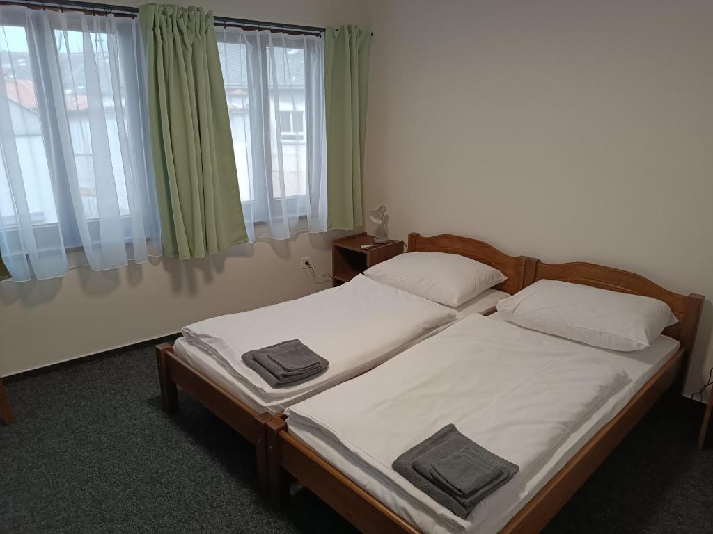 two twin beds in a room with windows at Penzion Kotva in Klatovy