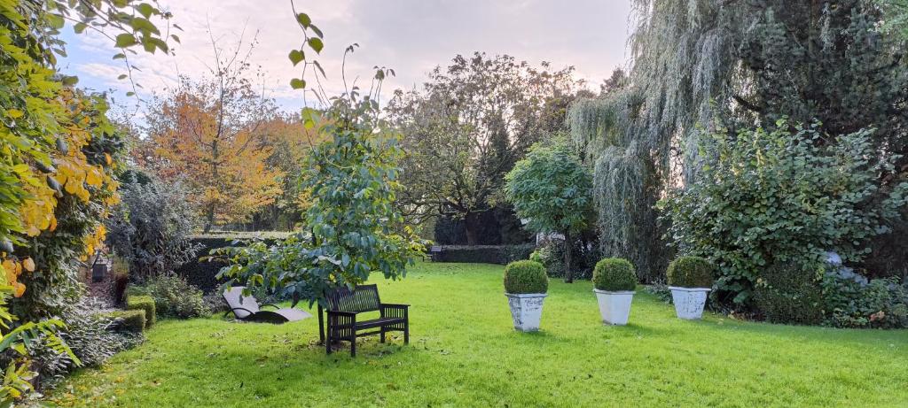 un jardín con un banco y algunos arbustos y árboles en Borneman Buitenhof - Privé Appartement, en Houten