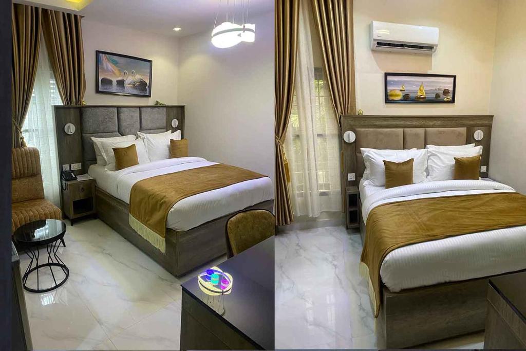 a hotel room with two beds and a chair at Castle Estate Apartments in Abuja