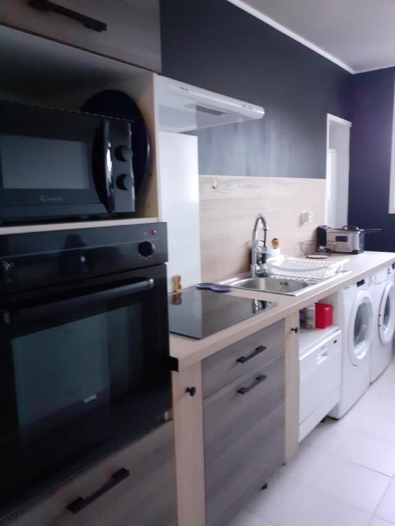 cocina con fregadero y fogones horno superior en appartement pour famille amis ou colègue en Cholet