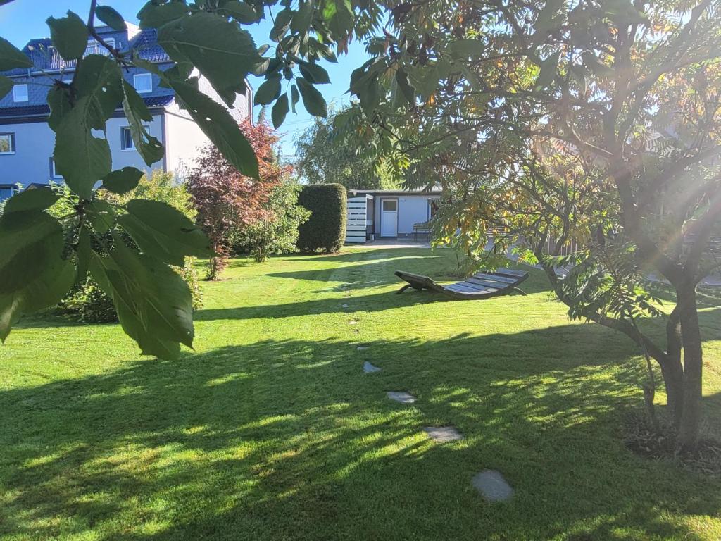 a lawn with a tree and a hammock in the shade at Anni's Waldblick in Burgstaedt