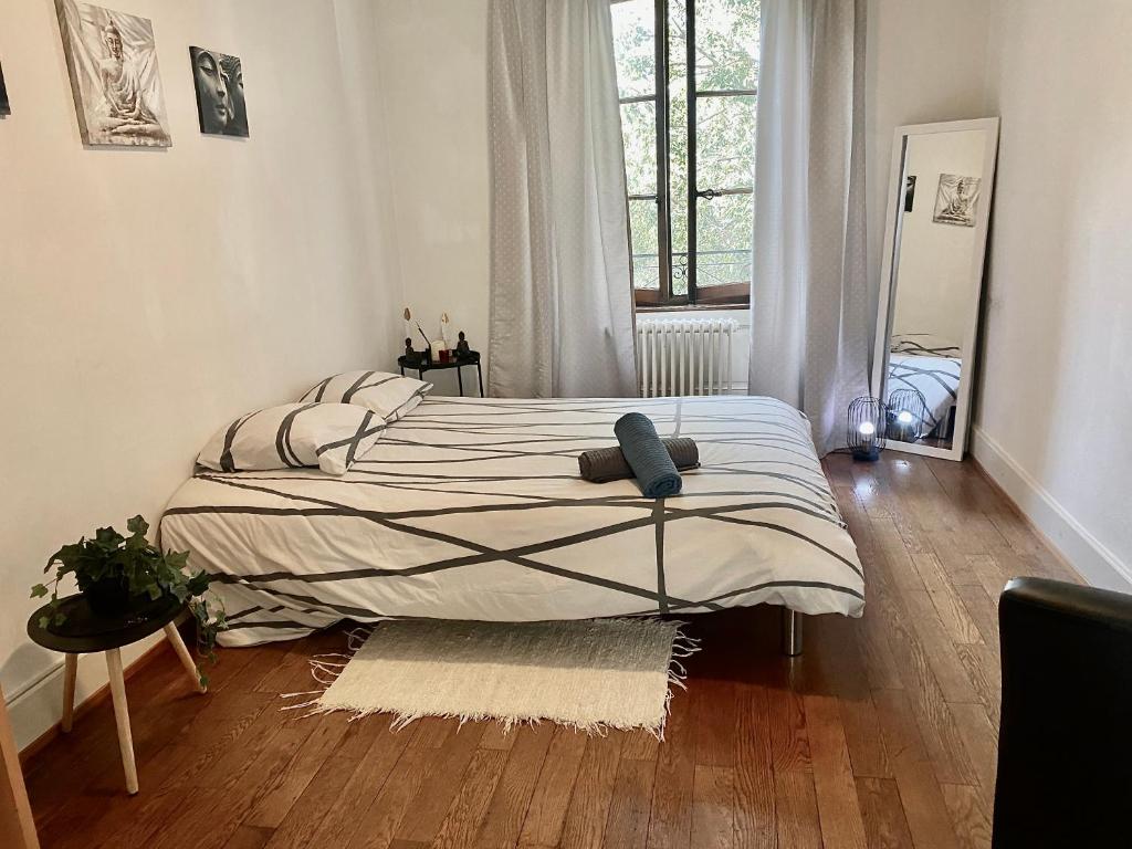 ein Schlafzimmer mit einem großen Bett in einem Zimmer in der Unterkunft Montreux appartement centre lac in Montreux