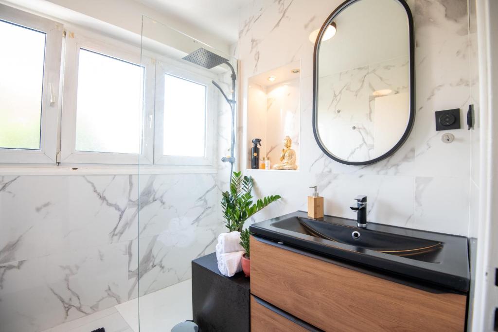La salle de bains est pourvue d'un lavabo noir et d'un miroir. dans l'établissement Bel appartement entier, privé 5 Mn de Metz, à Longeville-lès-Metz