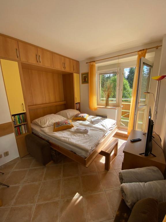 a bedroom with a bed and a desk and a window at Apartmány Tatran Donovaly in Donovaly
