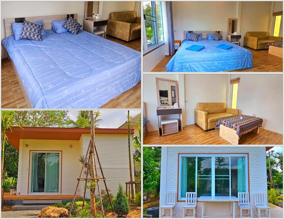 a collage of pictures of a bedroom and a bed at HomDoiIntr Framstay ฮ่อมดอยอินทร์ ฟาร์มสเตย์ in Ban Huai Kaeo