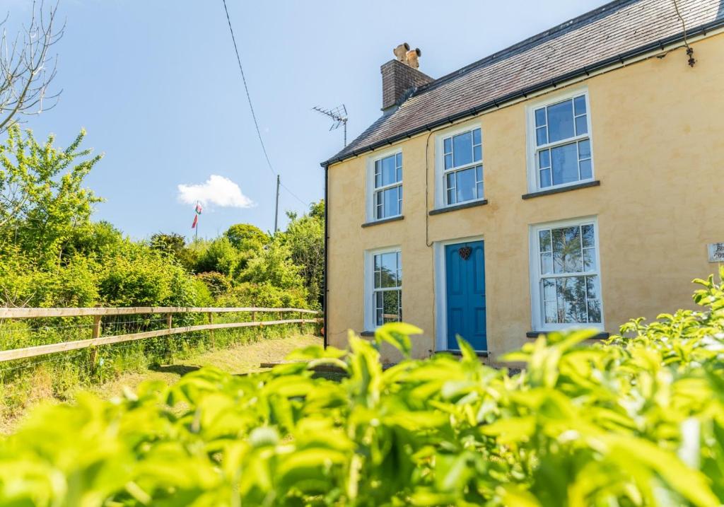 an old house with a blue door and a hedge at Rose Cottage in Saint Dogmaels