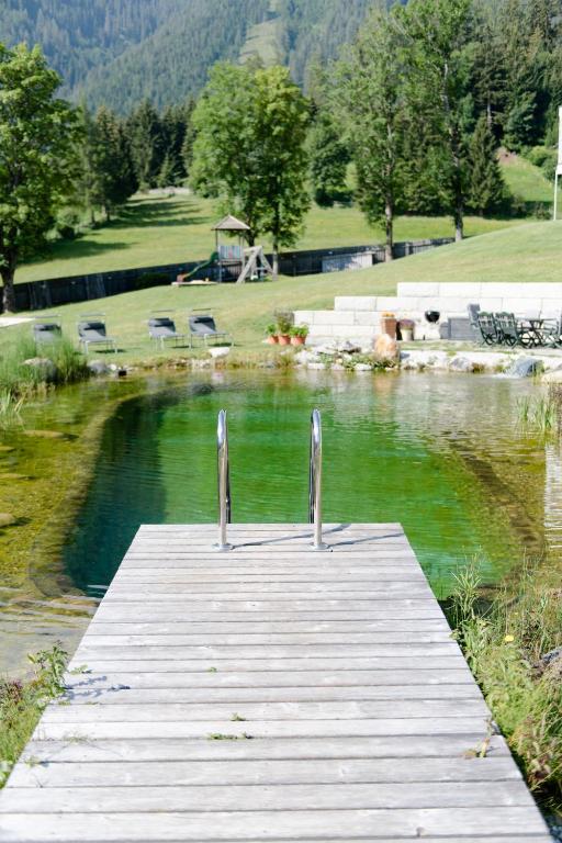 a wooden dock in the middle of a body of water at Ferienhaus zur Hackenschmiede in Mauterndorf