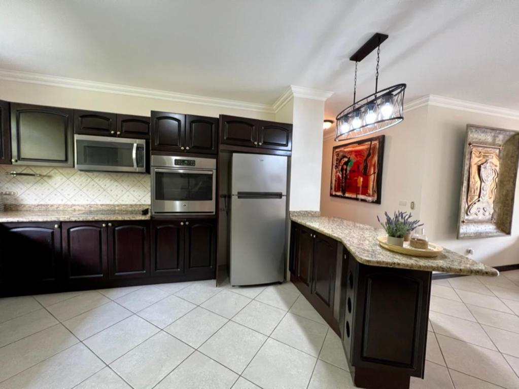 a kitchen with black cabinets and stainless steel appliances at Spacious Penthouse with pool & Jungle Views in La Mona