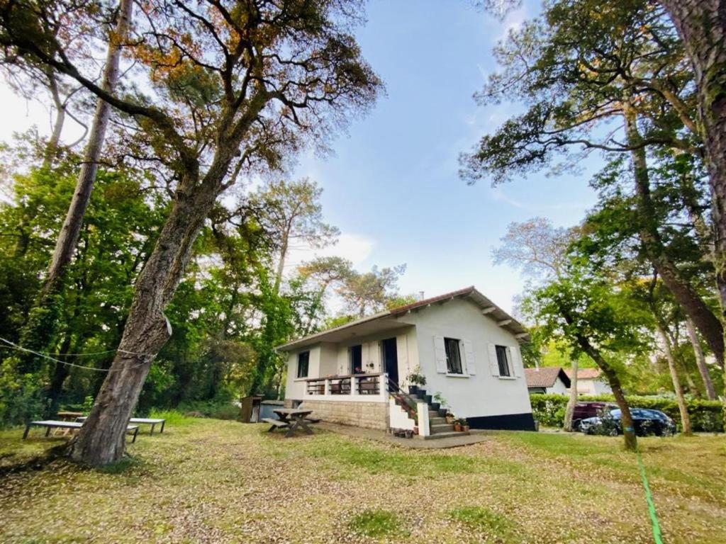 une petite maison blanche au milieu d'un champ dans l'établissement Nalu House Hossegor sur le golf, à Soorts-Hossegor