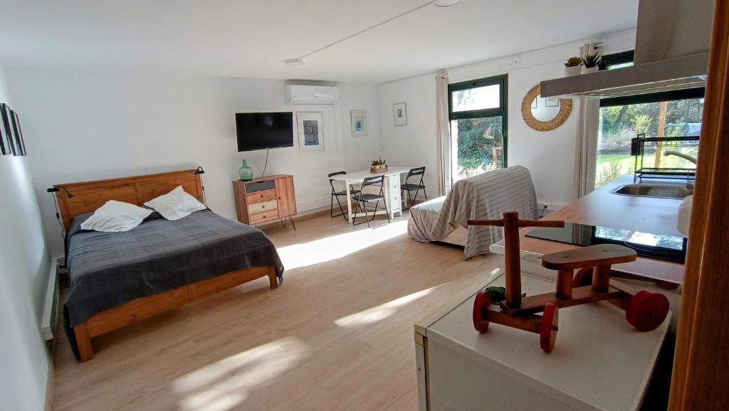 a bedroom with a bed and a kitchen and a living room at Casa de invitados in La Torre de Claramunt